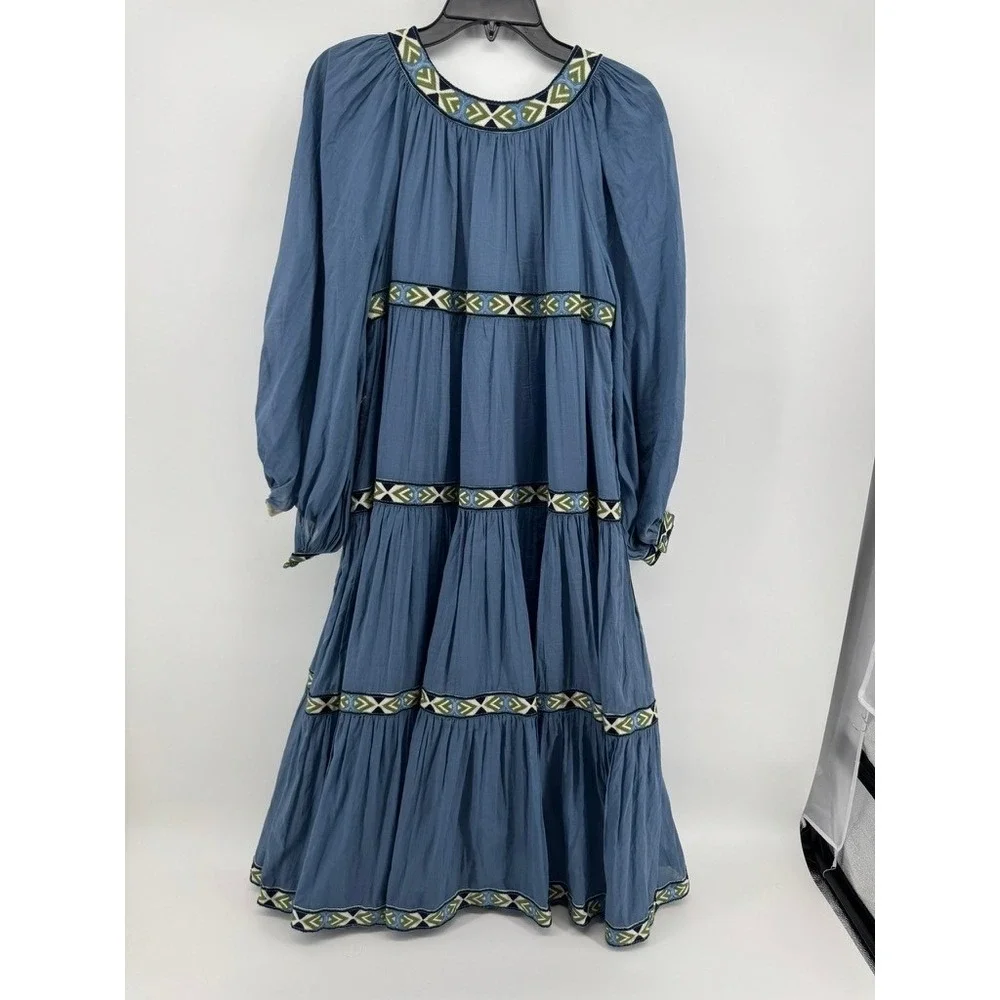 Tory Burch Blue Tiered Midi Dress Embroidered Long Sleeve Boho Peasant Women XS